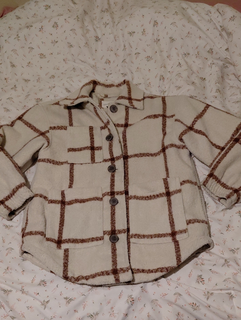 Universal Thread Cream and Brown Plaid Button-Front Kids Jacket